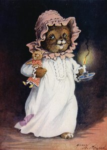 Katze im Nachthemd, die eine Kerze und eine Teddykatze trägt und ins Bett geht