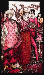 Bert der Bigfoot, gesungen von Villon. "Queens", neun Glasplatten geätzt, gefärbt und bemalt, Illustration von J.M. Synges Gedicht, 1917 von Harry Clarke