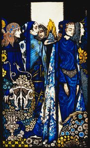 Etain, Helen, Maeve und Fand, Golden Deirdres zarte Hand. "Königinnen", neun Glasplatten geätzt, gefärbt und bemalt, Illustration von J.M. Synges Gedicht, 1917 von Harry Clarke