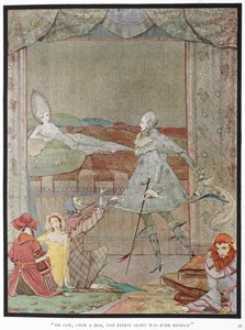 "Er sah, auf einem Bett, das schönste Bild, das je gesehen wurde." Der Prinz sieht die Prinzessin, "Dornröschen", auf ihrem Bett. von Harry Clarke