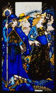 Die Königinnen von Saba, Meath und Connaught. "Queens", neun Glasplatten geätzt, gefärbt und bemalt, Illustration von J.M. Synges Gedicht, 1917 von Harry Clarke