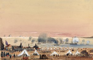 Die Landung bei Kinburn (Ukraine, Russland) im Oktober 1855, ein britisches Armeelager am Ufer, mit der Flotte vor Anker, einschließlich der HMS Tribune von Harry Edmond Edgell