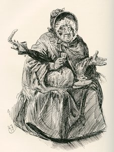 Mrs. Gamp. Illustration von Harry Furniss für den Charles Dickens Roman Martin Chuzzlewit, aus der Testimonial Edition, veröffentlicht 1910