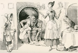 Die Smallweed-Familie. "Welche Arbeit machst du jetzt?" sagt Judy Smallweed, wie eine sehr scharfe alte Hexe. "Ich putze das hintere Zimmer oben, Miss," antwortet Charley. "Achte darauf, dass du es gründlich machst und nicht trödelst. Beeil dich! Geh weite