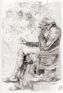 Trottys Traum. "Hatte Trotty geträumt? Oder sind seine Freuden und Sorgen, und die Schauspieler darin, nur ein Traum; er selbst ein Traum; der Erzähler dieser Geschichte ein Träumer, der gerade jetzt erwacht?" Illustration von Harry Furniss für die Kurzges