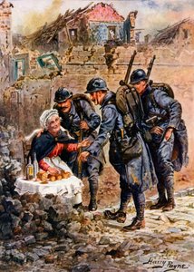 Eine alte Frau verkauft Kuchen zwischen den einstürzenden Häusern von Verdun