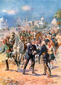 Das Treffen von Sir Colin Campbell und General Outram. Entsatz von Lucknow (Farblitho)