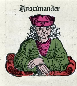 Darstellung von Anaximander von Milet (610 - 547 v. Chr.), griechischer Philosoph, Mathematiker und Astronom. Holzschnitt aus „Chroniken von Nürnberg“ von Hartmann Schedel