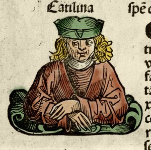 Darstellung von Catilina (Lucius Sergius Catilina) (108-62 v. Chr.), ein römischer Politiker, der gegen den Senat konspirierte. Gravur aus „Liber chronicarum“ von Hartmann Schedel