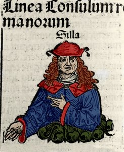 Darstellung des römischen Politikers Lucius Cornelius Sulla (Silla oder Sylla) (138-68 v. Chr.) Xylographie aus den „Chroniken von Nürnberg“ von Hartmann Schedel