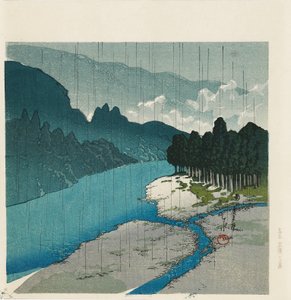 Holzschnitt - Regen am Okutama-Fluss, 1988 von Hasui Kawase