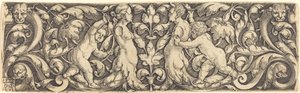 Kreuzpaneel mit Weinrebe in der Mitte und Tritonenpaar