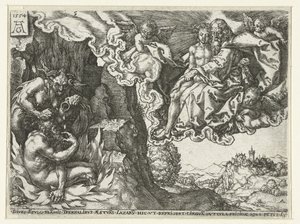 Der reiche Mann in der Hölle sieht Abraham mit Lazarus von Heinrich Aldegrever