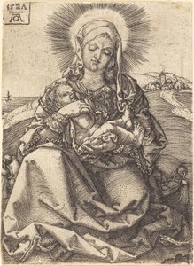 Madonna in einer Landschaft auf einem Kissen sitzend