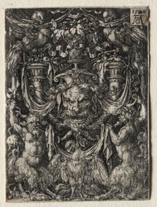 Ornamentdesign mit einer Maske und einem Adler zwischen zwei Faunen unten, 1509