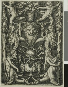 Ornamentales Design mit einem Paar Satyrn, Kindern und einer Trophäe