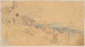 Gebirgslandschaft mit Hütte und Ruine