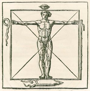 Mann in einem Quadrat umgeben von Symbolen des Auges, der Schlange, des siebenfachen Stabs und des Schildes. Gravur aus Heinrich Cornelius Agrippa von Nettesheim (1486-1535) De occulta philosophia libri tres