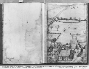 Fol.1 La Croix-aux-Mines Dorf, Lothringen. Das Haus von Kointz, dem Kontrolleur der Minen und fol.25v, Unterschrift des Künstlers, ca. 1530 von Heinrich Gross or Groff