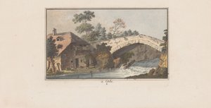 Haus neben einer Brücke über einen Fluss in Orbe von Heinrich Rieter