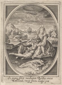 Ein Paar sitzt auf dem Boden, der Mann hält einen Becher und lehnt sich an, ca. 1585-1621