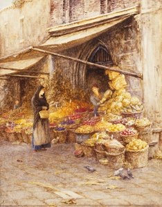 Ein Obststand am Fuße des Campanile, San Giovanni Elemosinario, in der Nähe des Rialto, Venedig