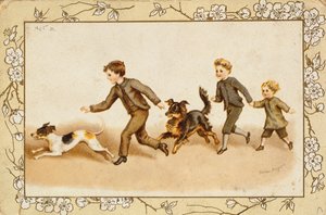 Grußkarte mit Kindern, die mit ihren Hunden spielen