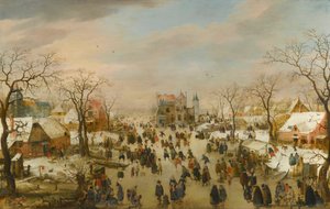 Panorama-Winterlandschaft mit vielen Figuren auf einem zugefrorenen Fluss von Hendrick Avercamp