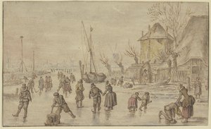 Winterlandschaft, auf dem Eis viele Schlittschuhläufer, rechts schnallt ein Mann einer Frau die Schlittschuhe an von Hendrick Avercamp