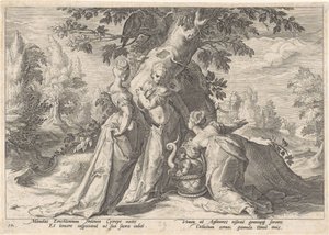 Töchter des Cecrops öffnen den Korb der Minerva von Hendrick Goltzius (workshop of)