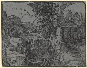 Landschaft mit Wasserfall und Mühle, Blatt 1 der Folge „Vier kleine Landschaften“ von Hendrick Goltzius