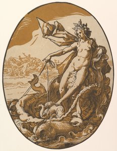 Tethys, in einem riesigen, von zwei Meereswesen gezogenen Muschelwagen liegend, aus „The Deities“ von Hendrick Goltzius