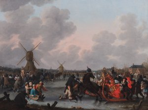 Eine Winterlandschaft mit zahlreichen Pferdeschlitten auf dem Eis von Hendrick de Meijer