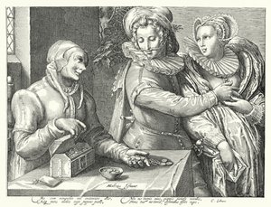 Ein junger Mann wählt die Liebe zur Schönheit statt Reichtum (Gravur) von Hendrik (after) Goltzius
