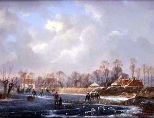 Landschaft mit Figuren auf einem gefrorenen Fluss