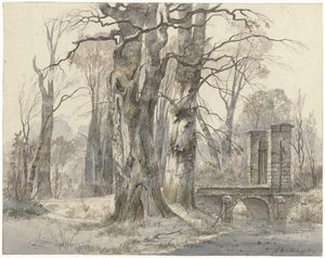 Winterlandschaft mit Tor zwischen Bäumen