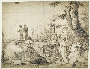 Landschaft mit Bauern bei einer Hütte