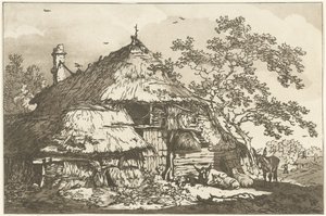 Bauernhof mit einer Kuh, zwei Schafen und einem Esel auf dem Hof von Hendrik Meijer