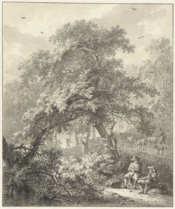 Waldlandschaft mit ruhenden Reisenden unter einem Baum