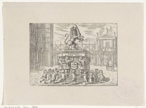 Kinder tanzen im Kreis um ein Denkmal der Sieben Provinzen