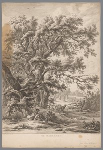 Landschaft mit einem Mann und Hund unter einem Baum bei Midlaren von Hendrik Schwegman