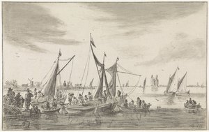 Flusslandschaft mit Segelschiffen
