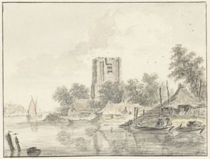 Flusslandschaft mit einem großen stumpfen Kirchturm