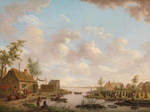 Landschaft mit Fischern und Bauern, die Torf in einem Moor stechen