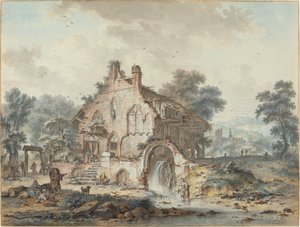 Rustikale Wassermühle in einer gotischen Ruine von Hendrik de Meyer II