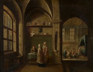 Ein Renaissance-Interieur mit Figuren: Die Geburt des heiligen Johannes