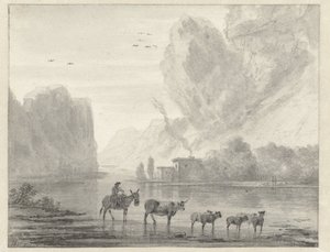 Felsige Flusslandschaft mit einem Hirten und seinem Vieh und Schafen von Hendrik van der Straaten