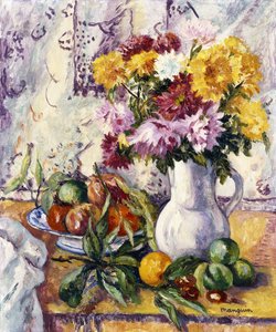 Chrysanthemen und Früchte