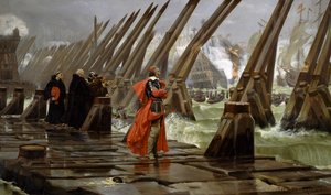 Richelieu (1585-1642) auf der Seemauer von La Rochelle