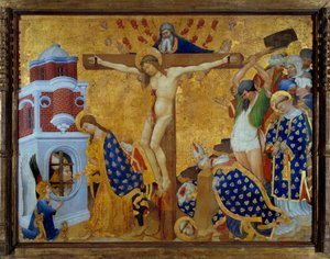Altarbild des Heiligen Denis (vollendet 1416) für die Kirche der Kartause von Champmol. Szene der Kreuzigung und Enthauptung des Heiligen Denis von Paris von Henri Bellechose
